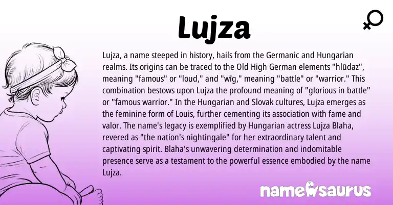 Infographic about Lujza name meaning, Lujza is a name from Old High German, Hungarian, Germanic, Slovak origin(s).
