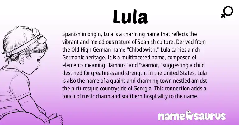 Infographic about Lula name meaning, Lula is a name from Old High German, Spanish, Germanic, United States origin(s).