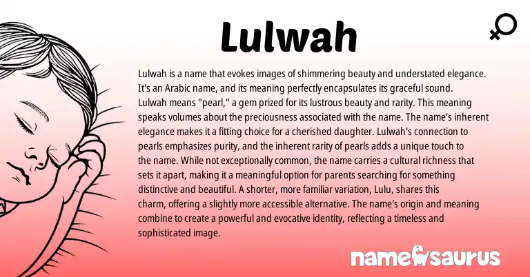 Infographic about Lulwah name meaning, Lulwah is a name from Arabic origin(s).