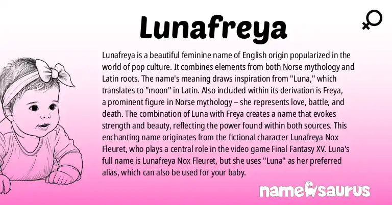 Infographic about Lunafreya name meaning, Lunafreya is a name from English, Popular Culture, Norse origin(s).