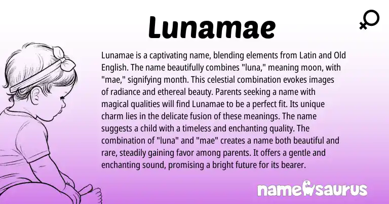 Infographic about Lunamae name meaning, Lunamae is a name from Latin, English origin(s).