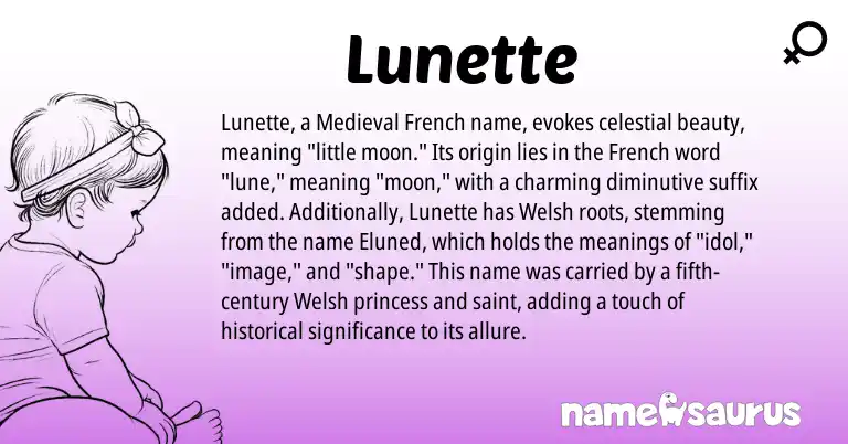Infographic about Lunette name meaning, Lunette is a name from Medieval French, French, Welsh origin(s).