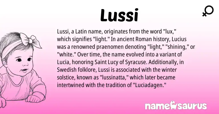 Infographic about Lussi name meaning, Lussi is a name from Roman, Swedish, Latin origin(s).