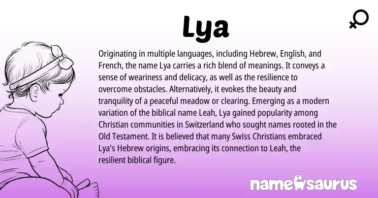 Infographic about Lya name meaning, Lya is a name from Swiss, English, French, Hebrew origin(s).