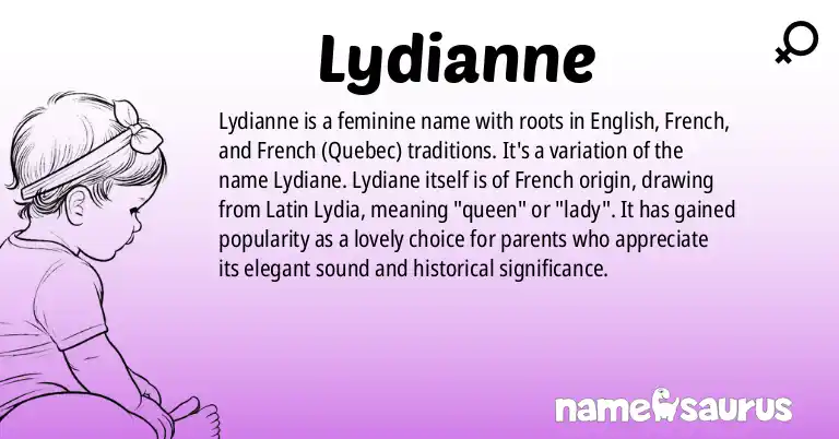 Infographic about Lydianne name meaning, Lydianne is a name from English, French, French (Quebec), Dutch origin(s).