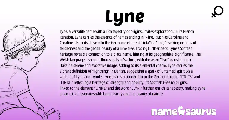 Infographic about Lyne name meaning, Lyne is a name from Danish, Welsh, Gaelic, French, Germanic, Scottish origin(s).