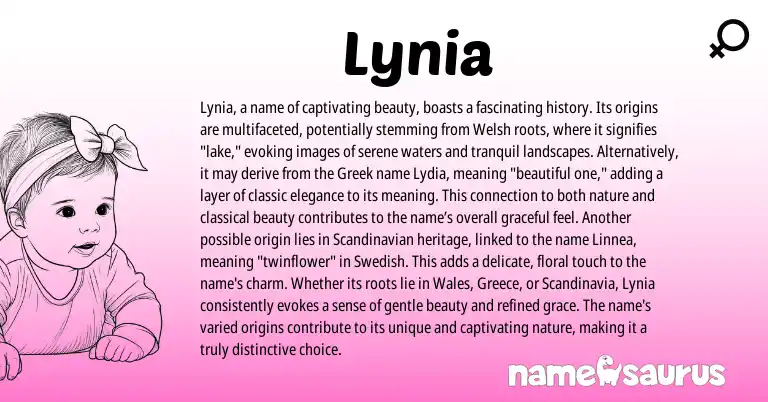Infographic about Lynia name meaning, Lynia is a name from Greek, Welsh origin(s).