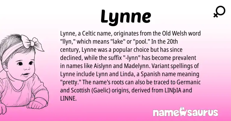 Infographic about Lynne name meaning, Lynne is a name from Old Welsh, Spanish, Gaelic, Germanic, Celtic, Scottish origin(s).