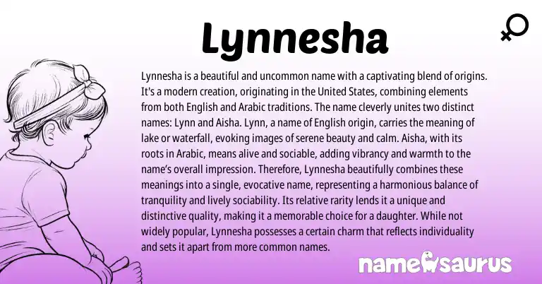 Infographic about Lynnesha name meaning, Lynnesha is a name from English, Arabic origin(s).