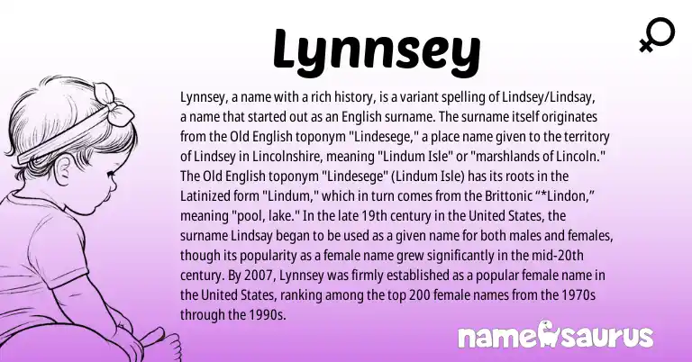 Infographic about Lynnsey name meaning, Lynnsey is a name from Old English, English, United States origin(s).