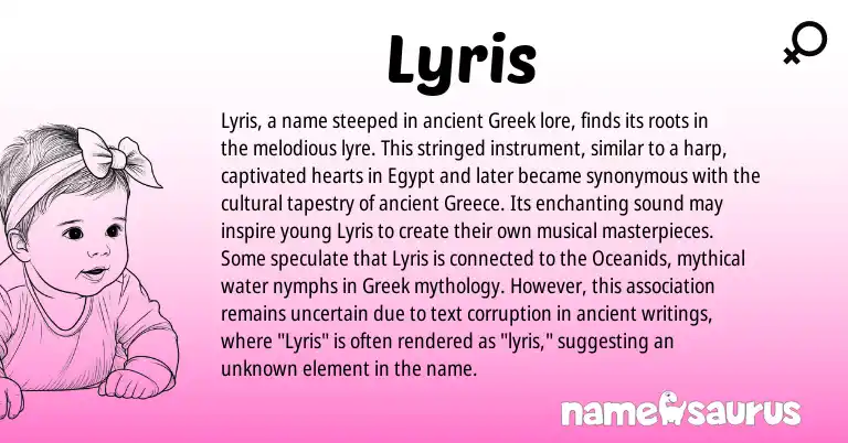 Infographic about Lyris name meaning, Lyris is a name from Greece, Greek origin(s).