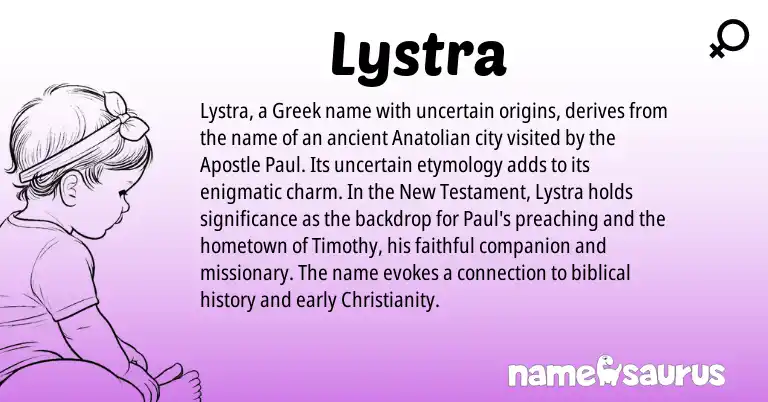 Infographic about Lystra name meaning, Lystra is a name from Anatolian, Christianity, Greek origin(s).