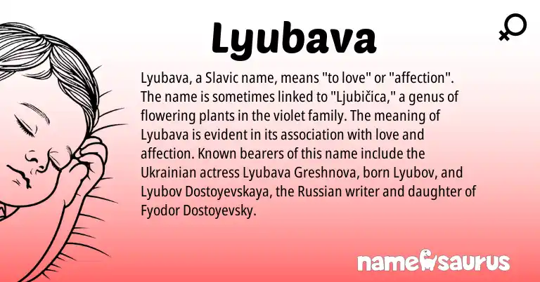 Infographic about Lyubava name meaning, Lyubava is a name from Ukrainian, Slavic, Russian origin(s).