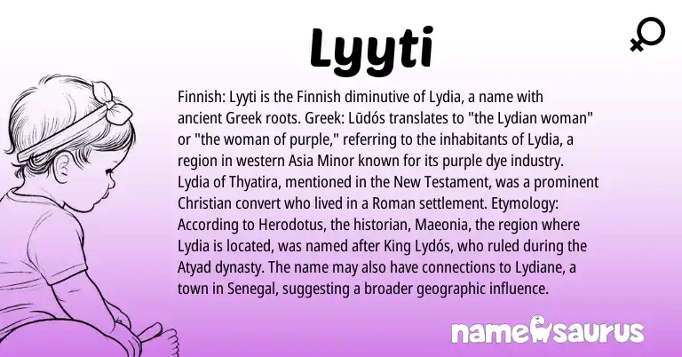 Infographic about Lyyti name meaning, Lyyti is a name from Finnish, Roman, Greek origin(s).