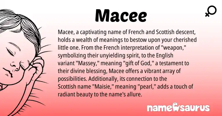 Infographic about Macee name meaning, Macee is a name from English, French, Scottish origin(s).