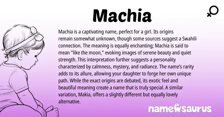 Infographic about Machia name meaning, Machia is a name from Swahili origin(s).