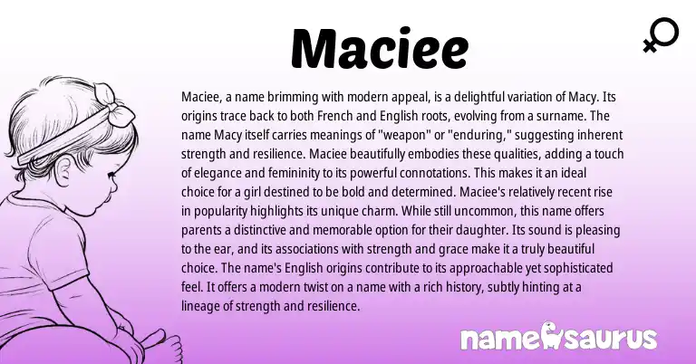 Infographic about Maciee name meaning, Maciee is a name from French, English origin(s).
