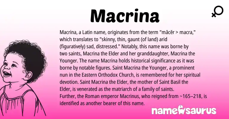 Infographic about Macrina name meaning, Macrina is a name from Roman, Latin origin(s).