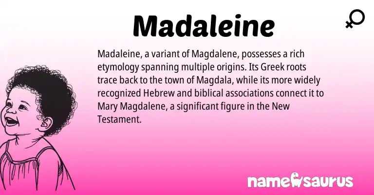 Infographic about Madaleine name meaning, Madaleine is a name from Hebrew, Greek origin(s).