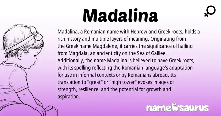 Infographic about Madalina name meaning, Madalina is a name from Romanian, Hebrew, Greek origin(s).
