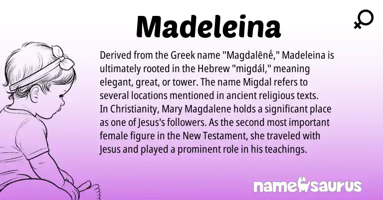 Infographic about Madeleina name meaning, Madeleina is a name from Christianity, Hebrew, Greek origin(s).