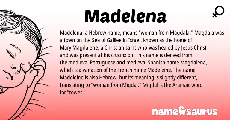 Infographic about Madelena name meaning, Madelena is a name from Spanish, Aramaic, French, Hebrew, Portuguese origin(s).
