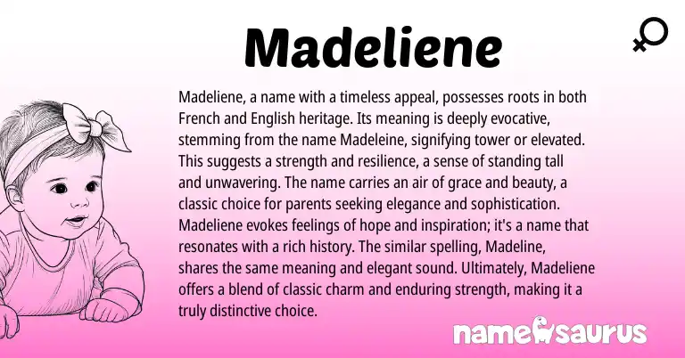 Infographic about Madeliene name meaning, Madeliene is a name from French origin(s).