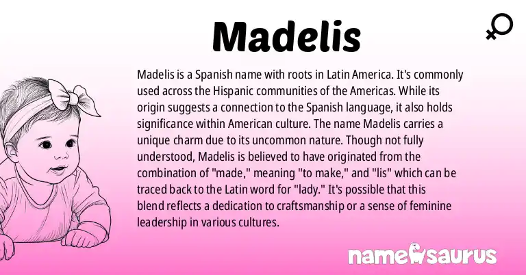 Infographic about Madelis name meaning, Madelis is a name from Spanish (Latin American), American (Hispanic) origin(s).