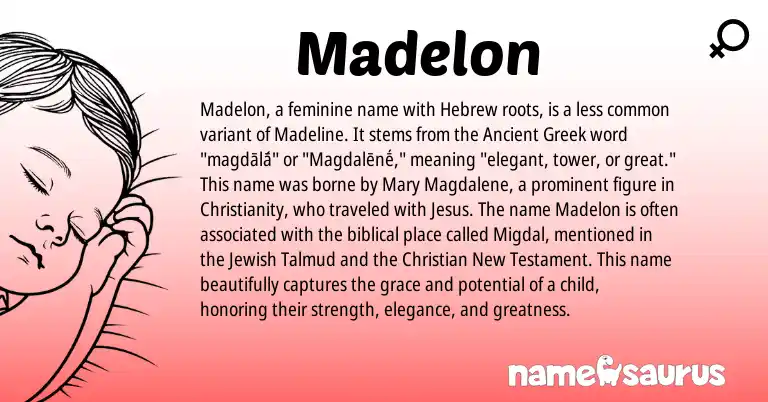 Infographic about Madelon name meaning, Madelon is a name from Jewish, Ancient Greek, Christianity, Hebrew origin(s).