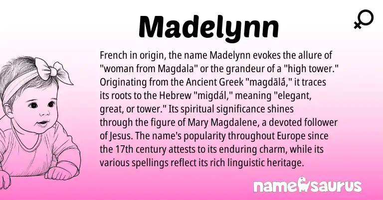 Infographic about Madelynn name meaning, Madelynn is a name from Ancient Greek, French, Hebrew origin(s).