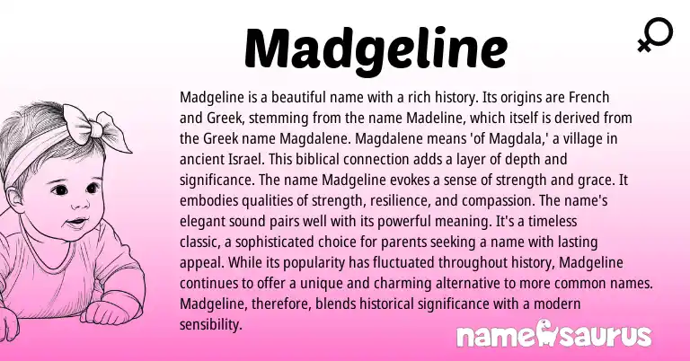 Infographic about Madgeline name meaning, Madgeline is a name from Israelian, French, Biblical, Greek origin(s).