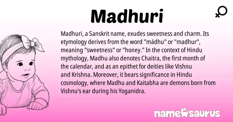Infographic about Madhuri name meaning, Madhuri is a name from Sanskrit, Hindu origin(s).