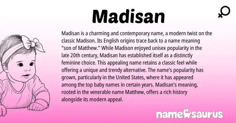 Infographic about Madisan name meaning, Madisan is a name from English origin(s).