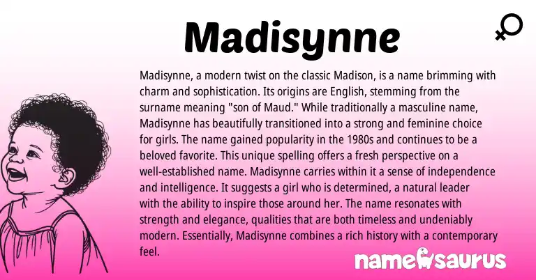 Infographic about Madisynne name meaning, Madisynne is a name from English origin(s).