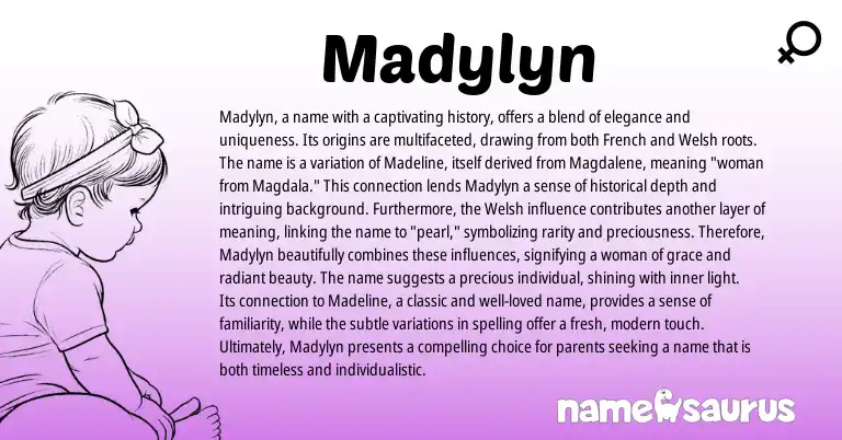 Infographic about Madylyn name meaning, Madylyn is a name from French, Welsh, English origin(s).