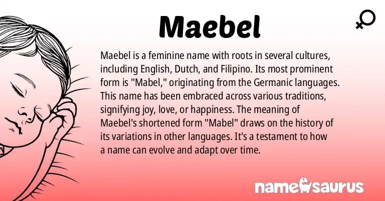 Infographic about Maebel name meaning, Maebel is a name from English, Dutch, Filipino origin(s).