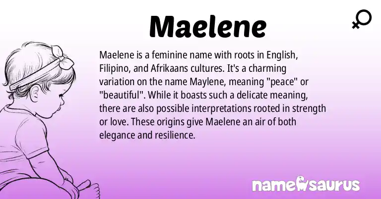 Infographic about Maelene name meaning, Maelene is a name from English, Filipino, Afrikaans origin(s).