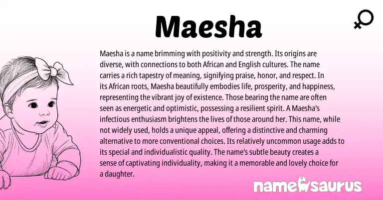 Infographic about Maesha name meaning, Maesha is a name from Sanskrit, African, Arabic origin(s).