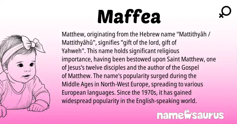Infographic about Maffea name meaning, Maffea is a name from English, European, Hebrew origin(s).