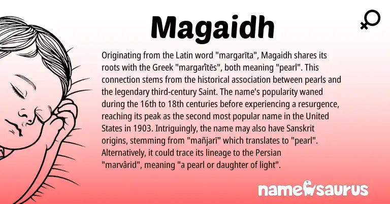 Infographic about Magaidh name meaning, Magaidh is a name from United States, Persian, Latin, Greek, Sanskrit origin(s).