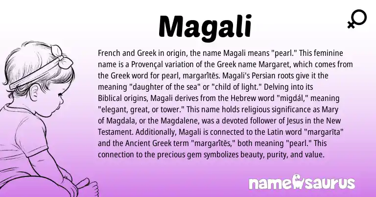 Infographic about Magali name meaning, Magali is a name from Ancient Greek, Provençal, French, Persian, Latin, Greek, Hebrew origin(s).