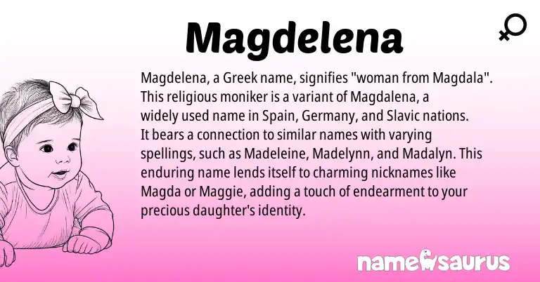 Infographic about Magdelena name meaning, Magdelena is a name from Spain, Slavic, Greek origin(s).