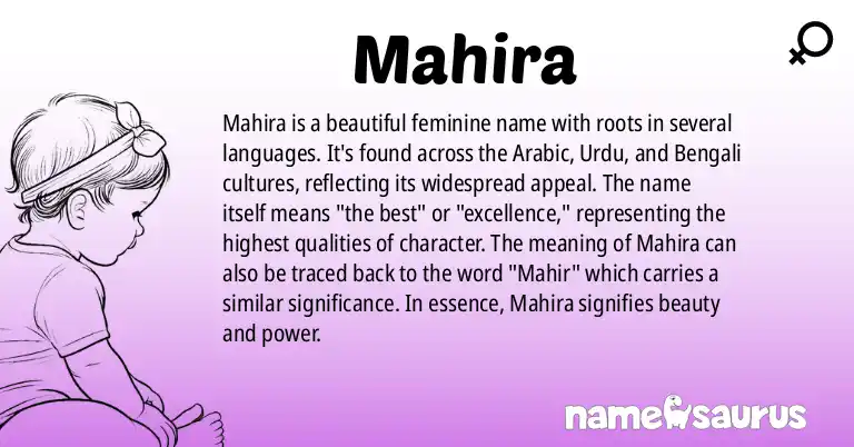 Infographic about Mahira name meaning, Mahira is a name from Arabic, Urdu, Bengali origin(s).