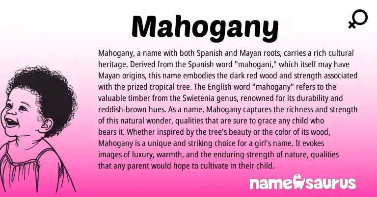 Infographic about Mahogany name meaning, Mahogany is a name from Spanish, English, Mayan origin(s).
