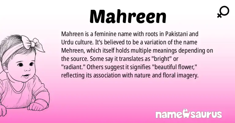 Infographic about Mahreen name meaning, Mahreen is a name from Pakistani, Urdu origin(s).