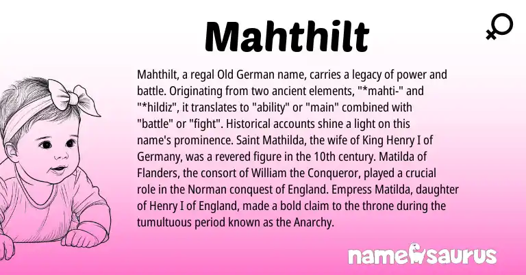 Infographic about Mahthilt name meaning, Mahthilt is a name from Old German, Norman, England origin(s).