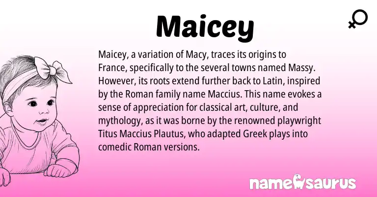 Infographic about Maicey name meaning, Maicey is a name from Roman, Latin, Greek origin(s).