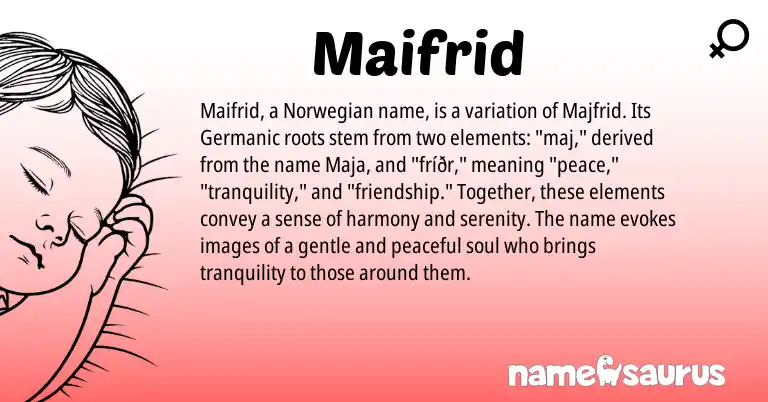 Infographic about Maifrid name meaning, Maifrid is a name from Norwegian, Germanic origin(s).