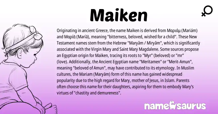 Infographic about Maiken name meaning, Maiken is a name from Ancient Egyptian, Greece, Egyptian, Hebrew, Muslim origin(s).