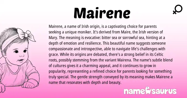 Infographic about Mairene name meaning, Mairene is a name from English, Irish origin(s).